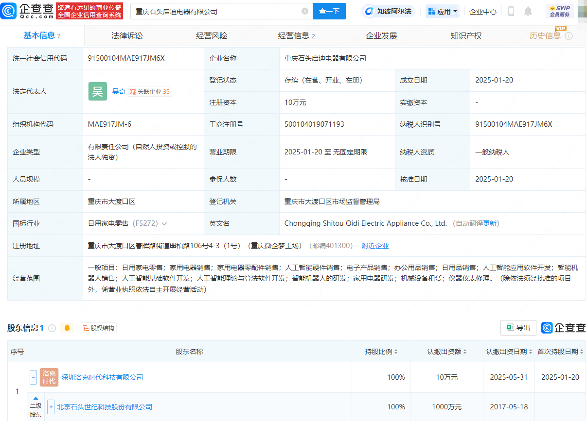 石頭科技布局新領(lǐng)域，新設(shè)電器公司涉足智能機(jī)器人銷售:電器銷售公司